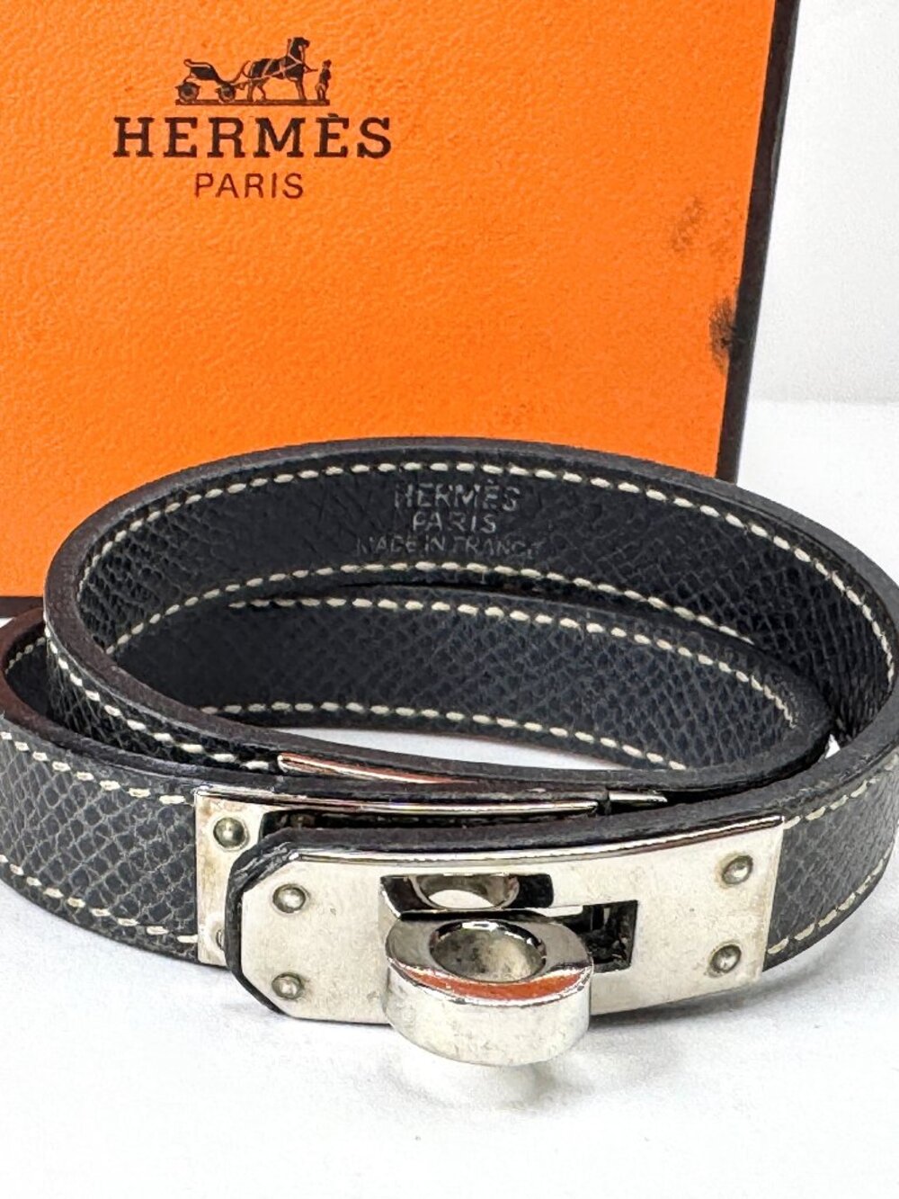 Vintage Hermès Kelly Double Tour Black Leather Palladium Bracelet France GS879